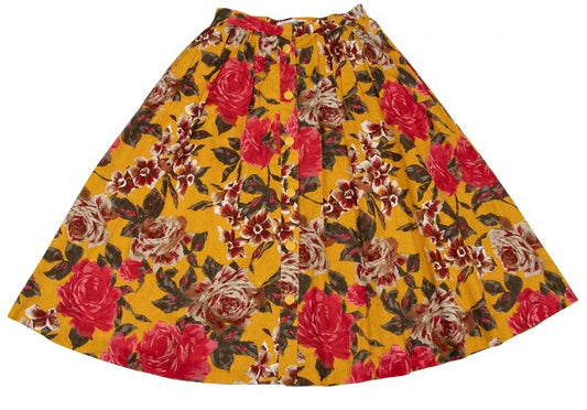 Christian Dior Rose Print Flare Midi Yellow Multi Skirt Size L