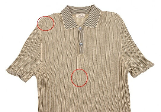 HERMES Cotton Stripe Knit Polo Shirt Beige Black Size M