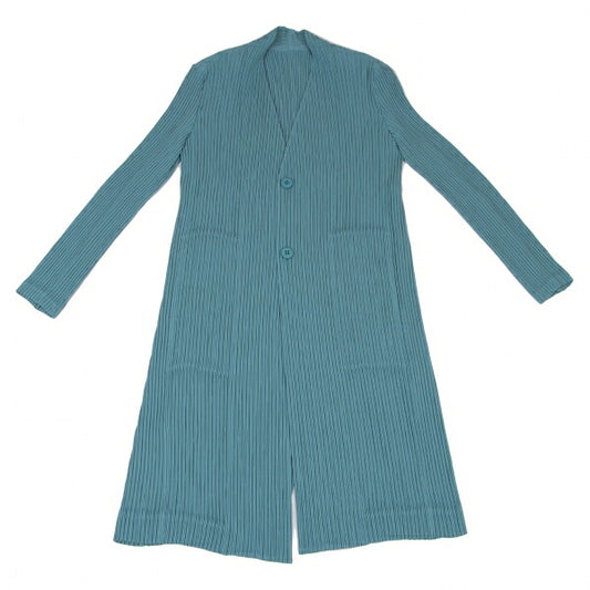 ISSEY MIYAKE 22SS Pleated Collarless Long Light Blue Jacket Size 2