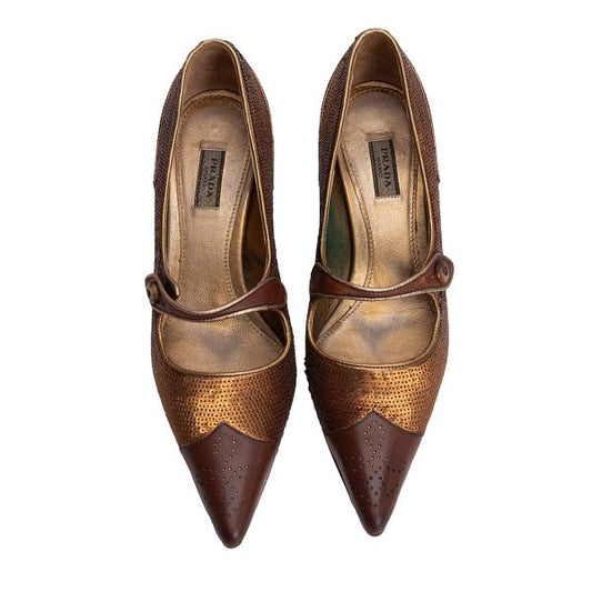PRADA Sequin Design Leather Heels Brown Size 34 (22cm)