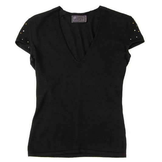 GIANNI VERSACE Bijou V-Neck Wool Sweater Black Size 44
