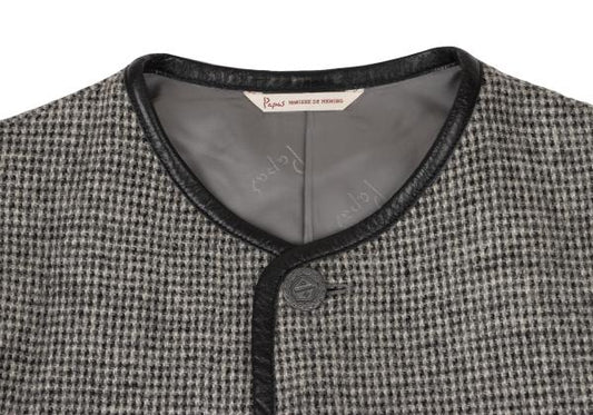Papas Harris Tweed No-Collar Leather Black Gray Jacket Size S