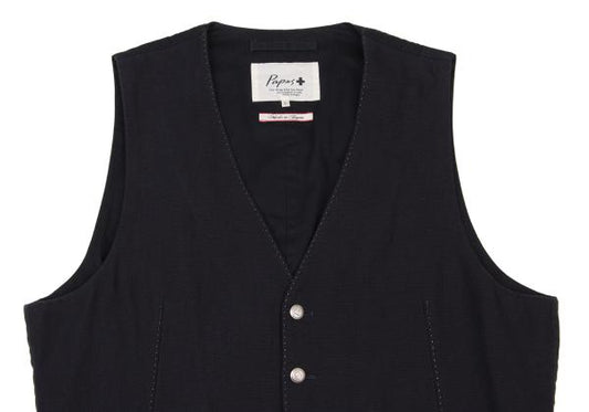 Papas Linen Cotton Metal Button Vest Navy Silver Size L