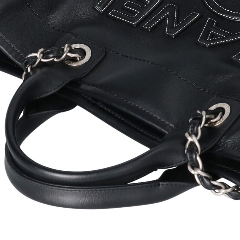 CHANEL Deauville MM Black Silver 2-Way Leather Size ONE SIZE