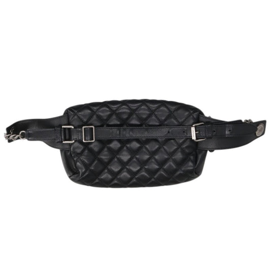 CHANEL Matelasse Calfskin Leather Body Bag Black Silver