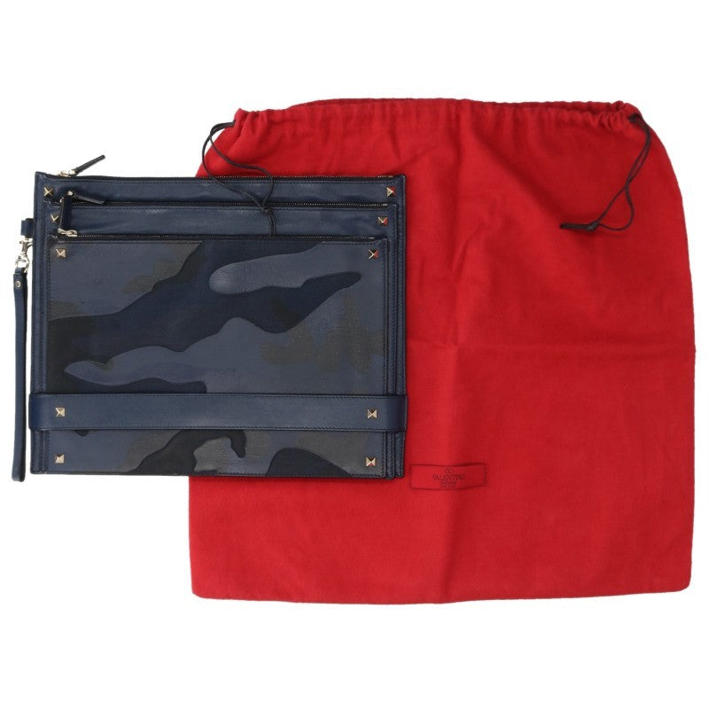 VALENTINO Rockstud Camo Leather Clutch Navy Size ONE SIZE