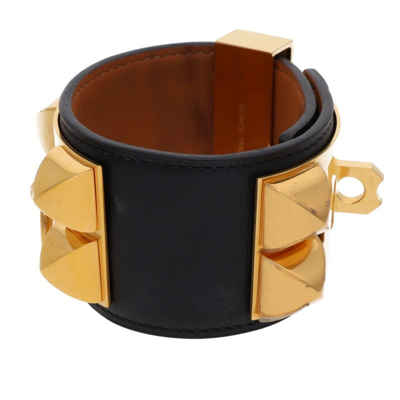 Hermes Collier de Chien Leather Bangle Black Gold Belt Size S