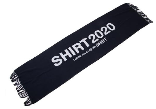 COMME des GARCONS SHIRT Navy Wool Logo Print Fringe Scarf