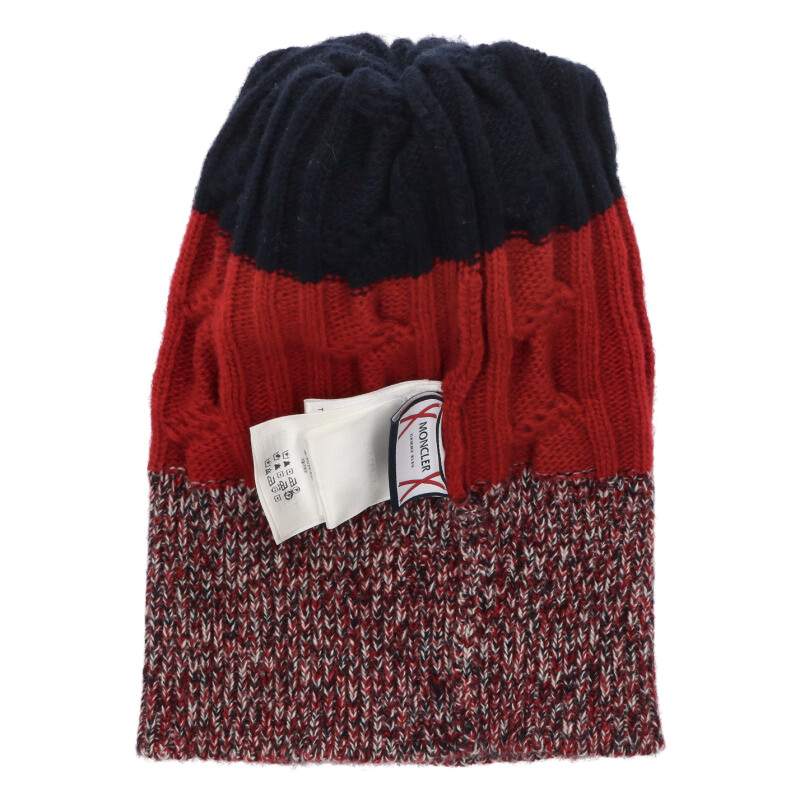 MONCLER GAMME BLEU Wool Low Gauge Knit Beanie Navy Red