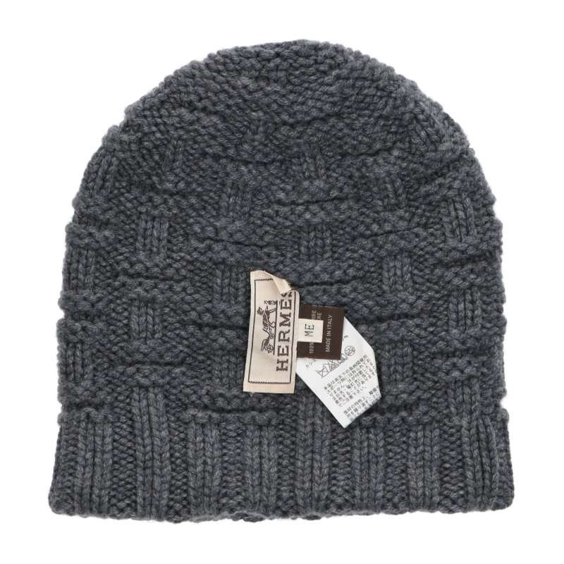 HERMES H-Logo Cashmere Beanie Knit Hat Gray Size ME