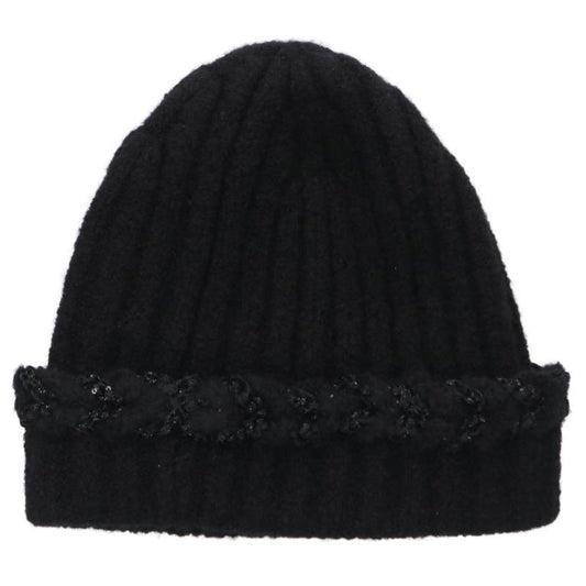 CHANEL Sequin Logo Cashmere Silk Beanie Black Size ONE SIZE