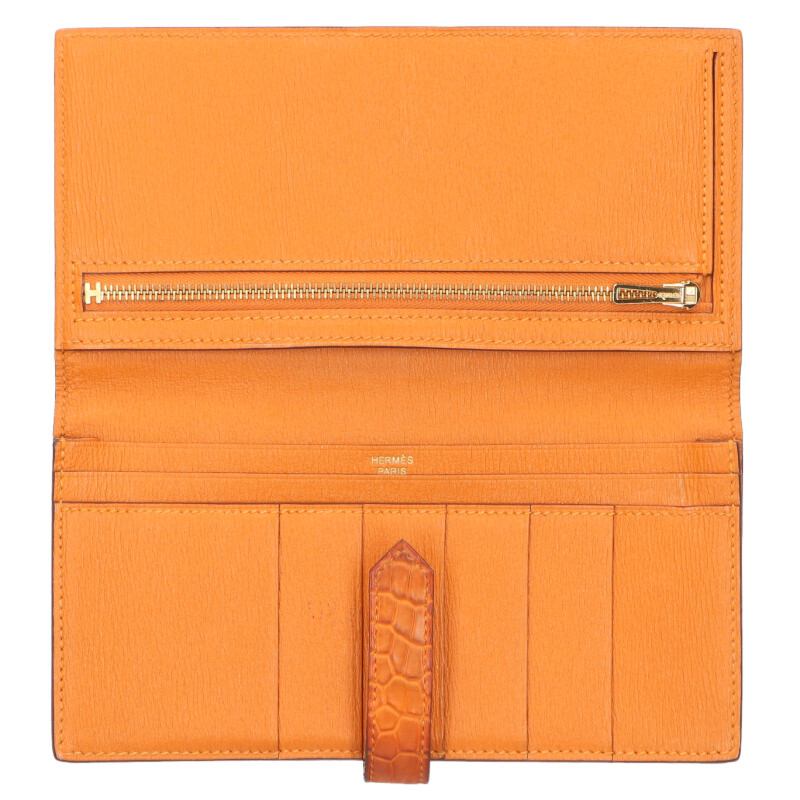 HERMES Alligator Béarn Soufflet Wallet Orange Size ONE SIZE
