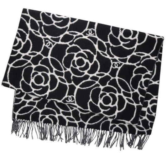 CHANEL Camellia Logo Cashmere Scarf Black Size ONE SIZE