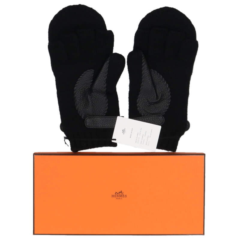 HERMES Lionel Cashmere Knit Gloves Black Size M