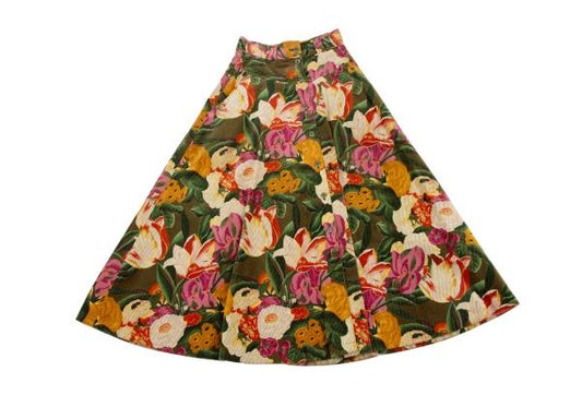 KENZO Floral Corduroy Front Button Wrap Green Multi Skirt Size S