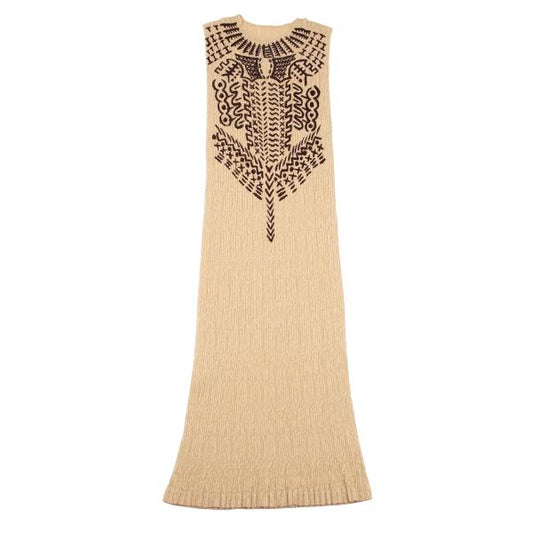 ISSEY MIYAKE Native Print Lace Pleated Dress Beige Size M