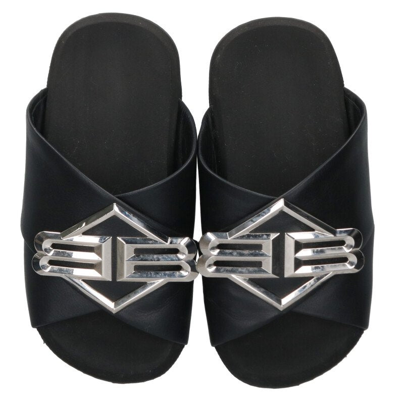 Balenciaga SUNSET FLAT MULE Logo Sandals Black x Silver Size 40