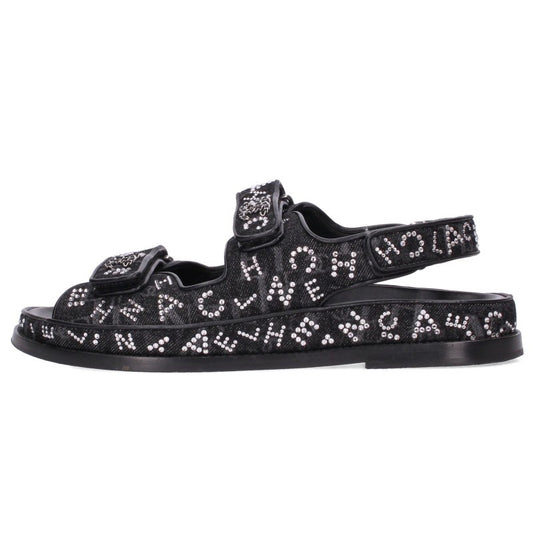 CHANEL Rhinestone Coco Mark Velcro Sandals Black Size 41C