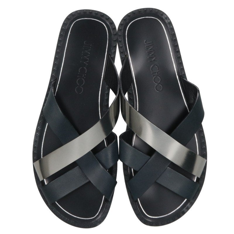JIMMYCHOO Black Silver Cross-Strap Flat Sandal Size EU 42
