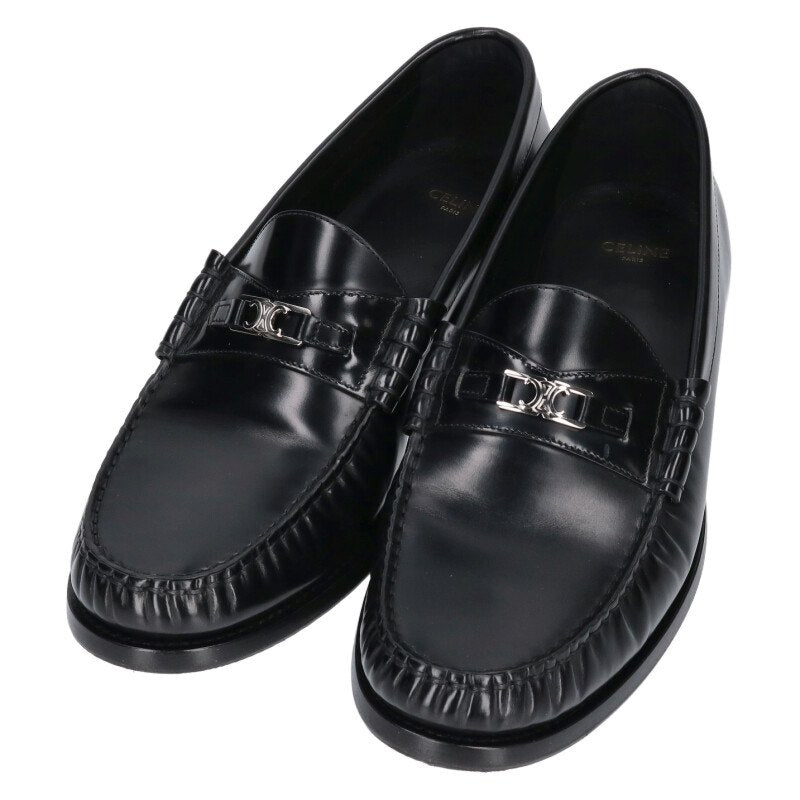 CELINE Luco Triomphe Leather Loafers Black Silver Size 10.5