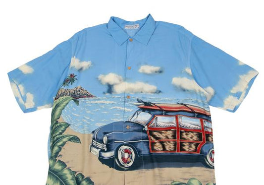 Papas Rayon Surf Print Aloha Shirt Light Blue Size M