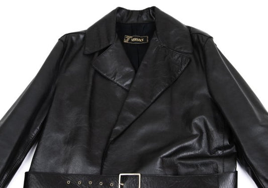 VERSACE Belted Leather Coat Black Size XL
