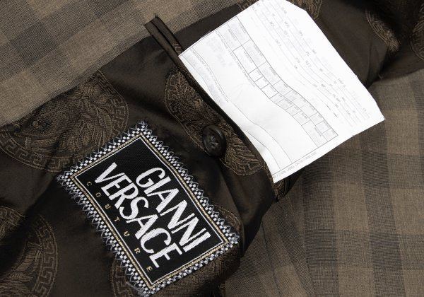GIANNI VERSACE Silk Block Check Medusa Jacket Beige Size 56