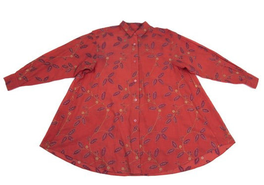 KENZO Cotton Botanical Print Flare Blouse Red Shirt Size M