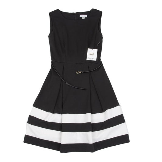 Calvin Klein Hem Border Belted Sleeveless Dress Black Size 2