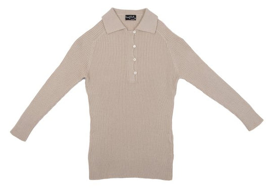 MARGARET HOWELL Wool Raglan Rib Knit Polo Shirt Beige Size 2