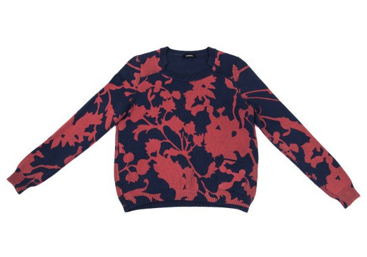 MAX&Co Cotton Plant Print Knit Sweater Navy Red Size M