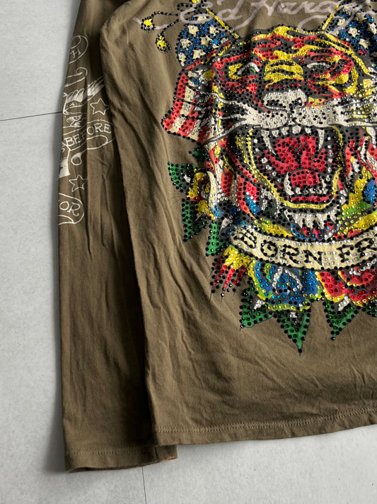Ed Hardy Green V-Neck Sequin Long Sleeve Shirt Size L