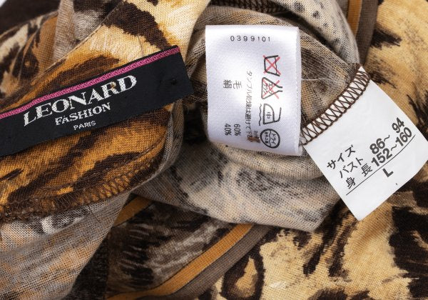 LEONARD Tiger Print Gathered Shoulder Blouse Brown Size L