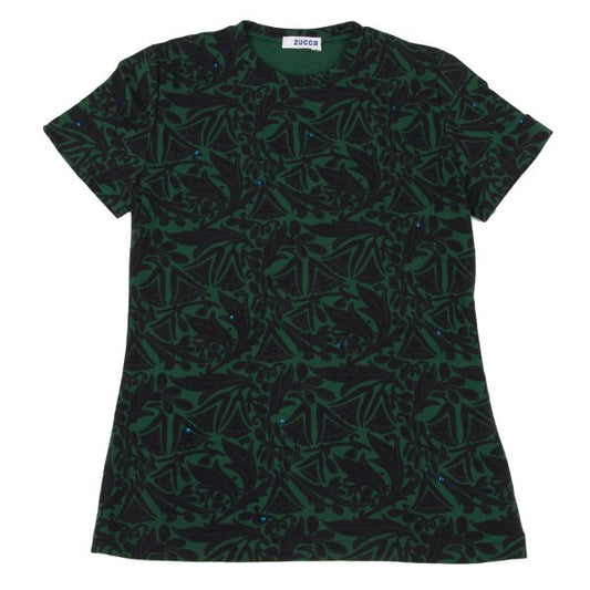 Zucca Wool Botanical Print Beaded T-Shirt Green Black Size M