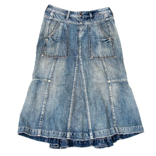 MARITHE Cotton Linen Blend Flare Denim Skirt Indigo Size S