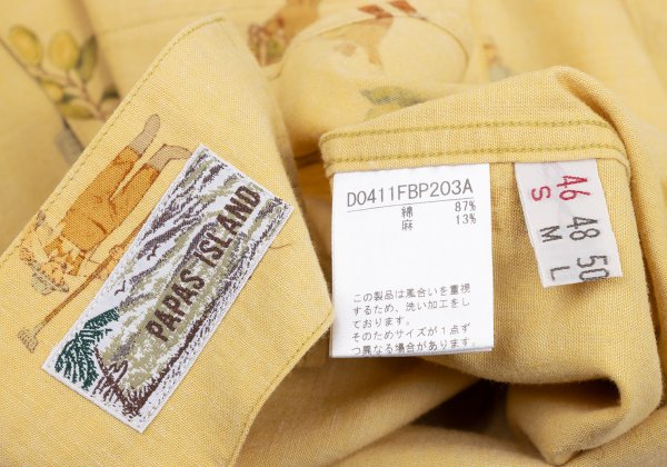 Papas Cotton Linen Olive Print Open Shirt Yellow Size 46S
