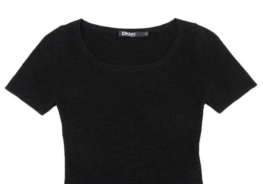 DKNY Cotton Blend Short Sleeve Rib Knit Sweater Black Size S
