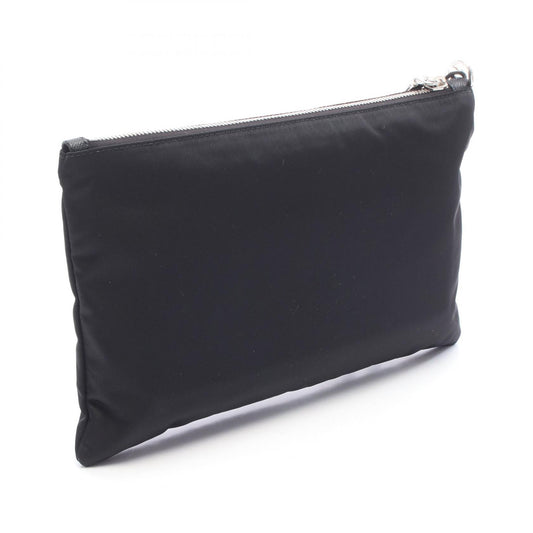 PRADA Triangle Logo Nylon Leather Clutch Bag Black