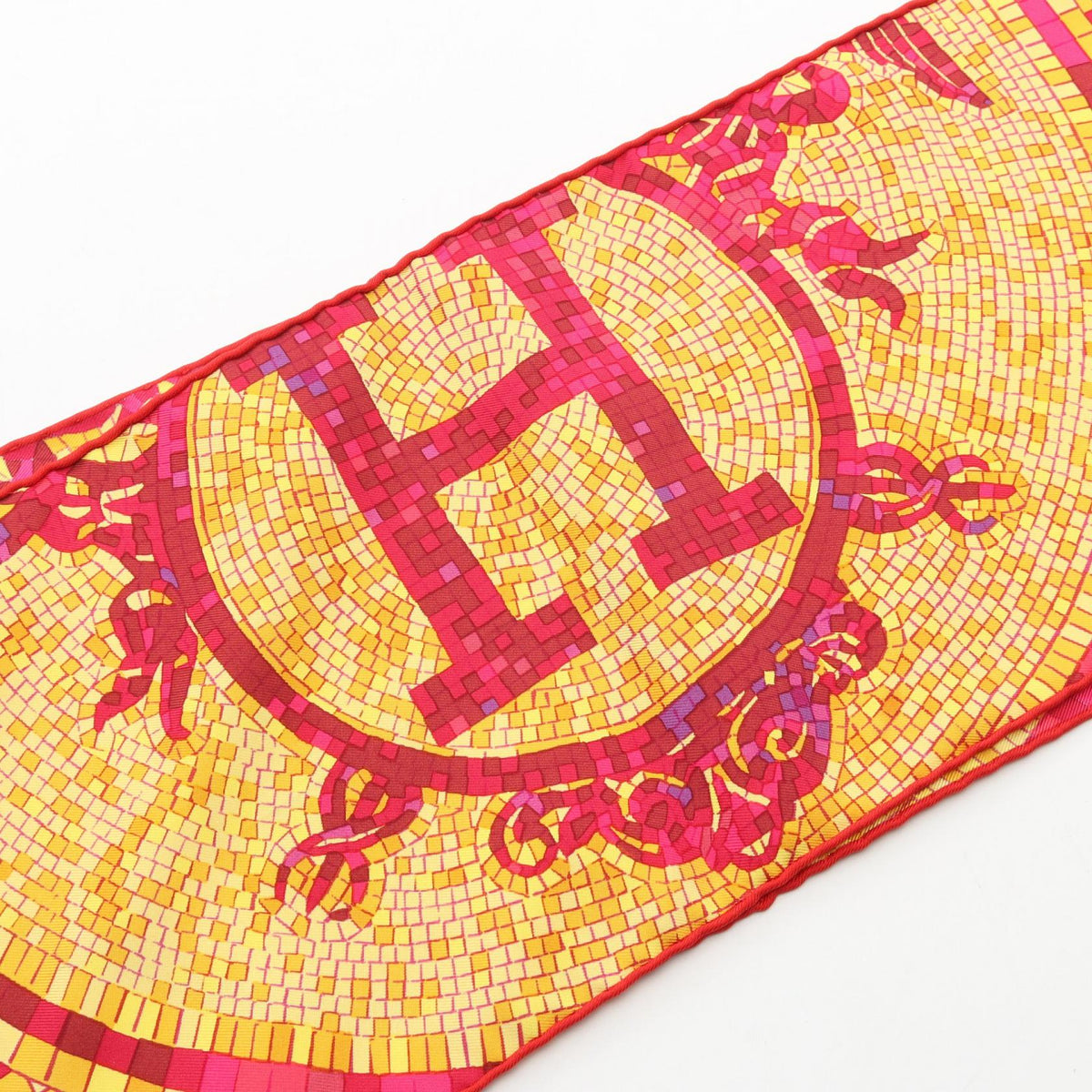 HERMES MOSAIQUE AU 24 Fringe Silk Pink Red Scarf