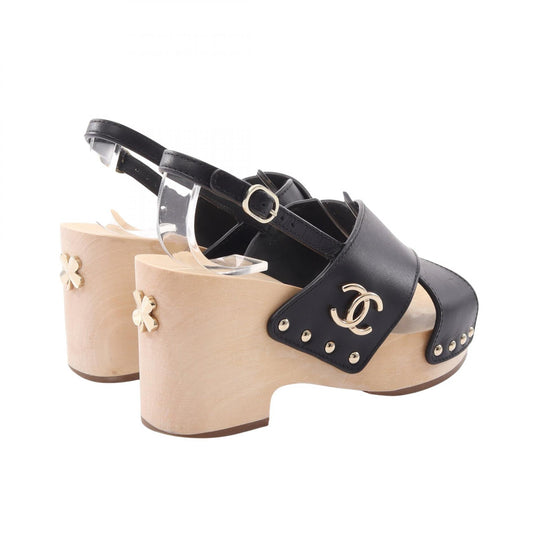 CHANEL Coco Mark Clover Wood Wedge Leather Sandals Size 36