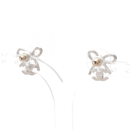 CHANEL CC Mark Ribbon Metal Silver Tone Earrings