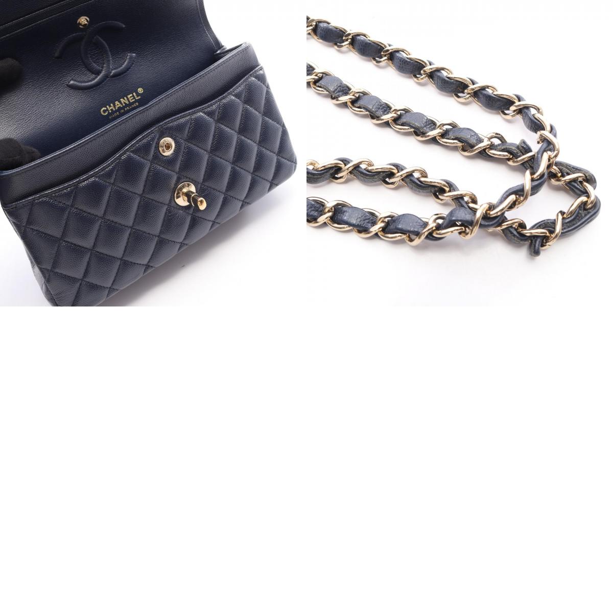 CHANEL Matelasse W Flap Caviar Bag Navy