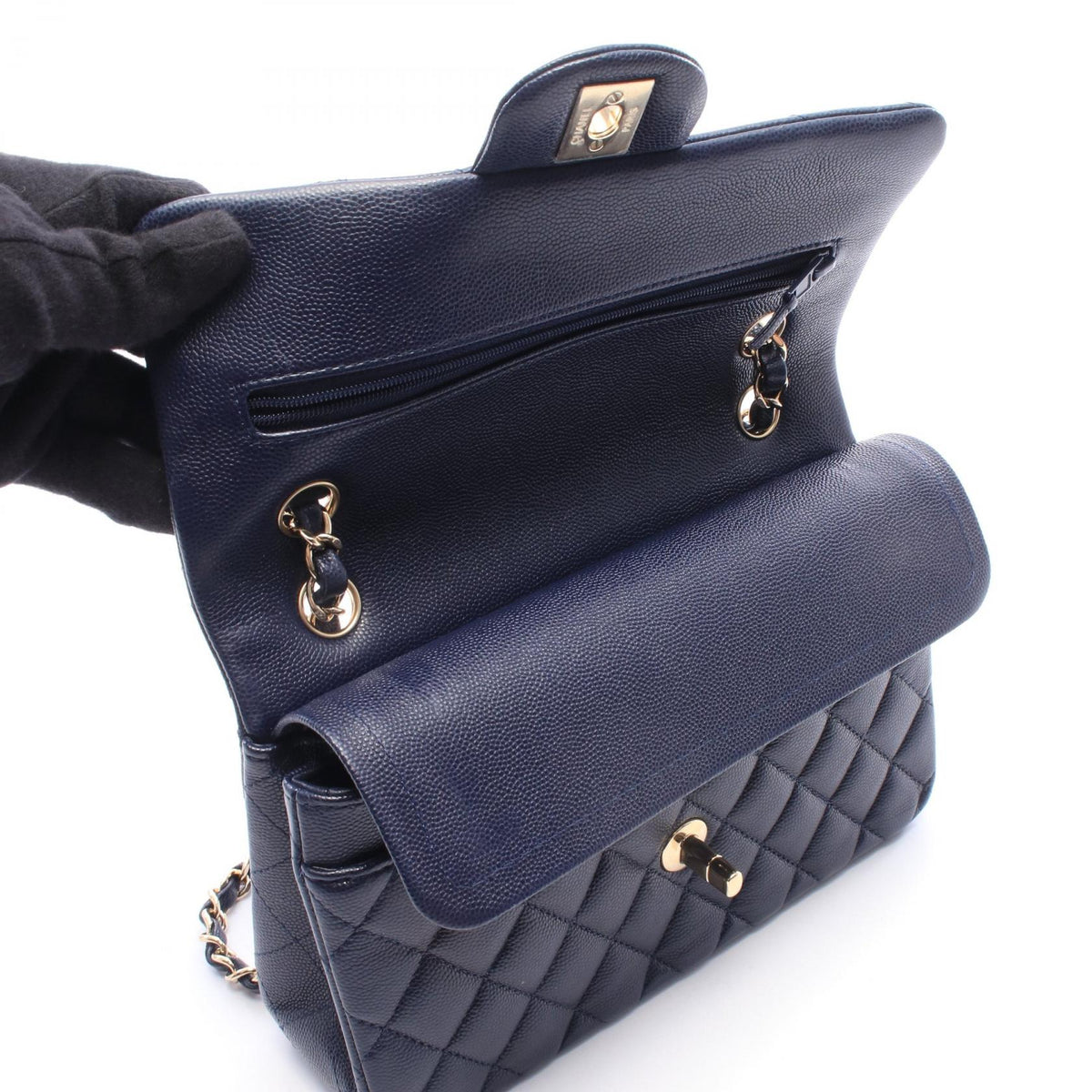 CHANEL Matelasse Double Flap Navy Caviar Shoulder Bag