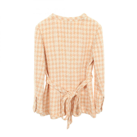 CHANEL Houndstooth Tweed Collarless Jacket Orange Size 34
