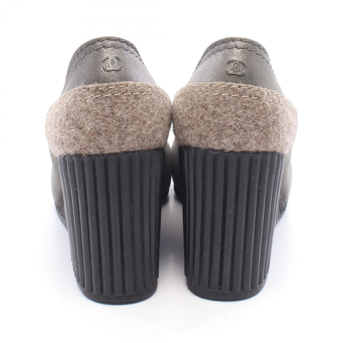 CHANEL CC Mark Suede Wedge Sole Pumps Size 38