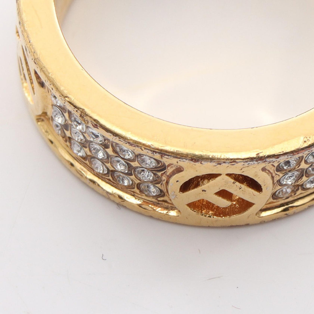 FENDI F Logo Gold Plated Rhinestone Ring Size JP 10.5