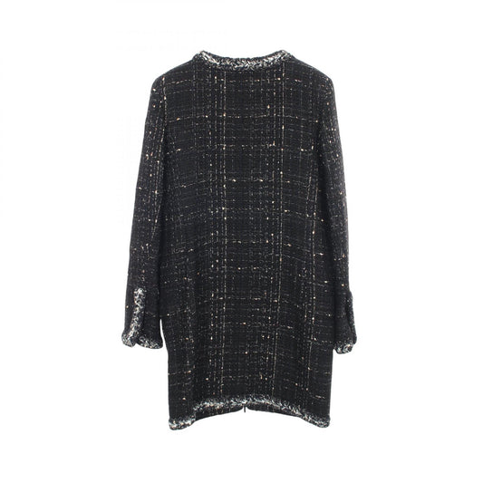 CHANEL Coco Mark Button Tweed Collarless Coat Navy Size 36