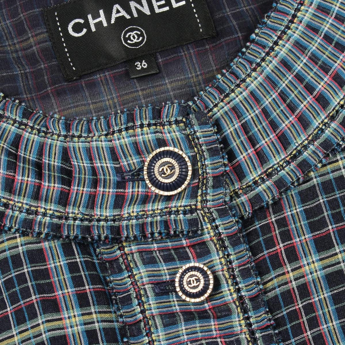 CHANEL Coco Mark Button Check Silk Blouse Size 36