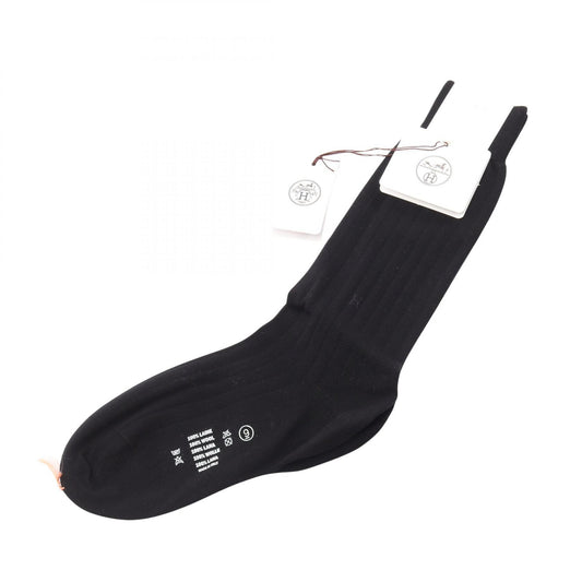 HERMES Mi-Bas Brode H Wool Socks Black Size 9