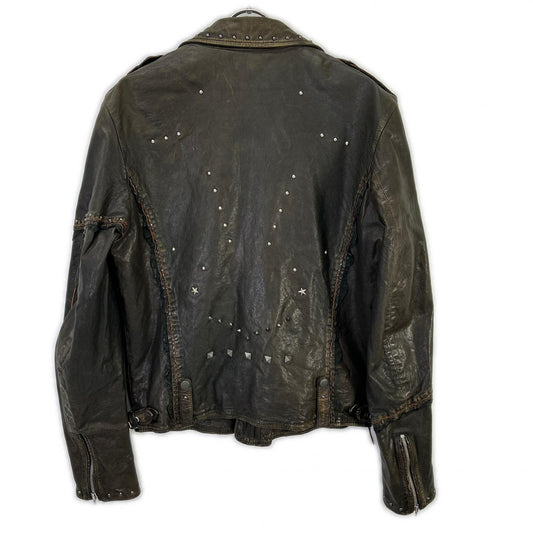 DIESEL Studded Distressed Brown Leather Jacket Size 48